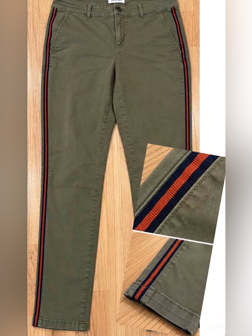 Calvin Klein Women’s 10 Olive Green Pants Side Stripe Cotton Chino 29.5” Inseam